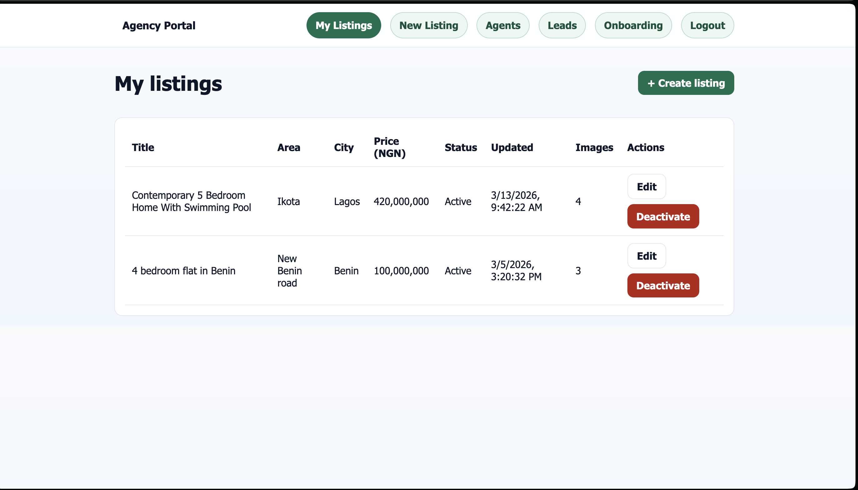 Listings page in the agency portal
