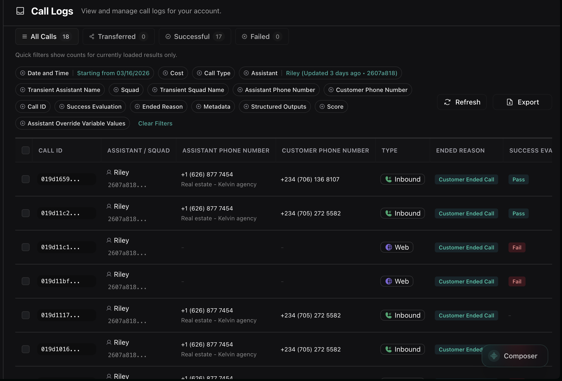 Vapi call logs showing inbound real estate calls
