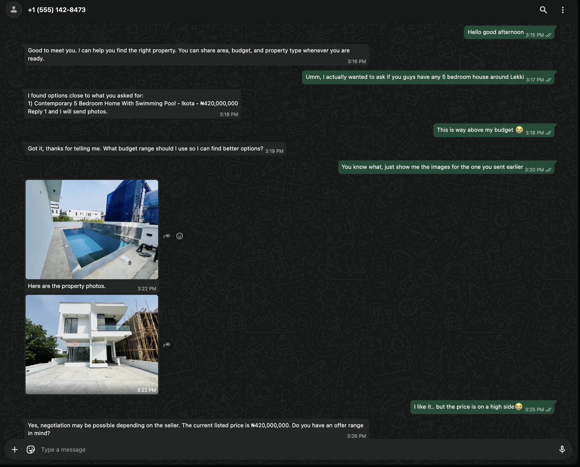 WhatsApp conversation showing listing suggestions and image delivery