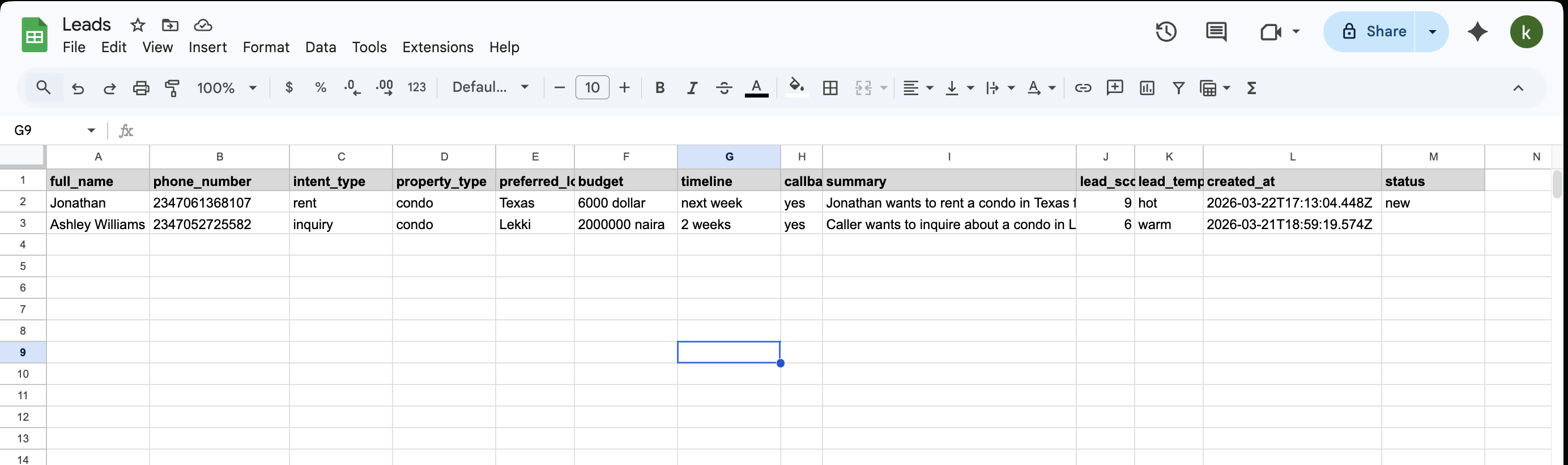 Google Sheets lead CRM populated by the workflow