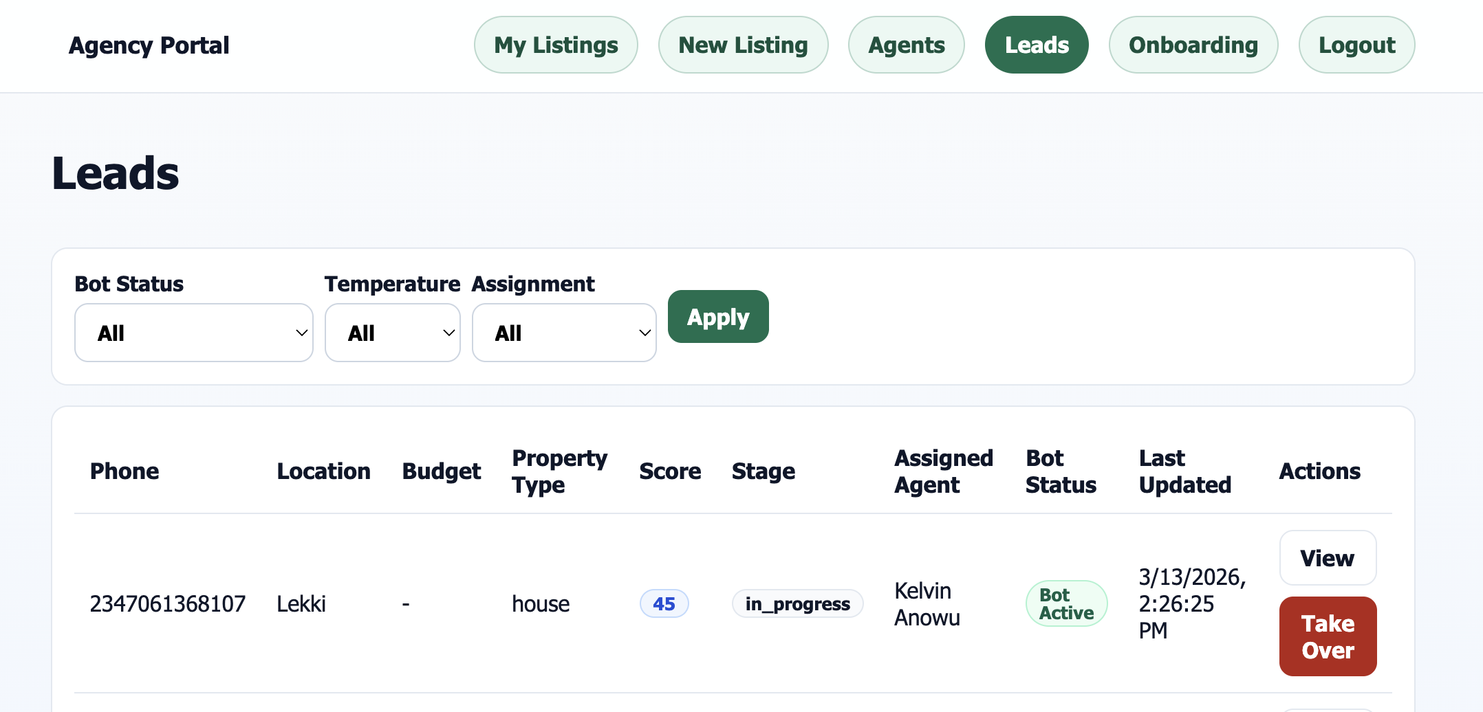 Leads page in the agency portal