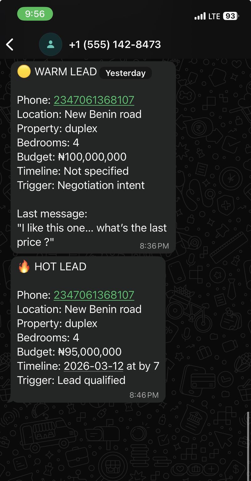 WhatsApp notifications for warm and hot leads