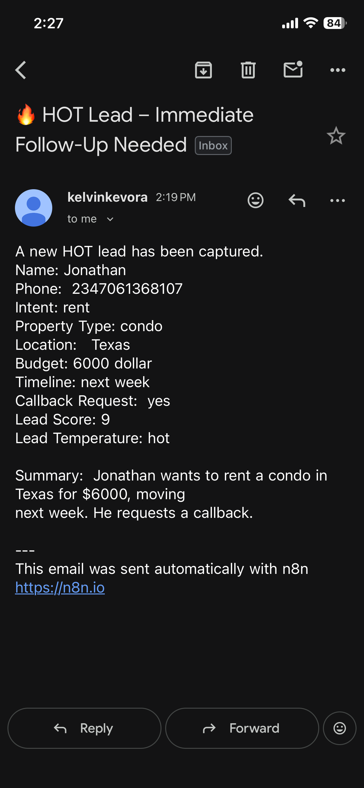 Hot lead alert email generated by the workflow