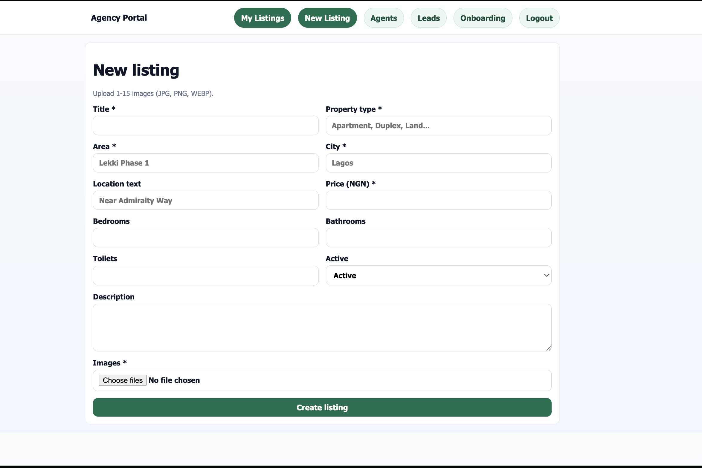 Create listing page in the agency portal